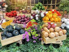 rojo campana pimientos en un de madera cesta disponible en comunidad historias ese vender orgánico frutas y vegetales. cuales es plantado por personas en el comunidad. suave y selectivo enfocar. foto