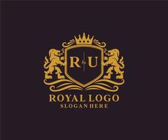 plantilla de logotipo de lujo real de león de letra ru inicial en arte vectorial para restaurante, realeza, boutique, cafetería, hotel, heráldica, joyería, moda y otras ilustraciones vectoriales. vector