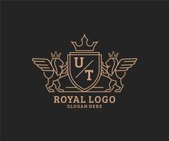 Initial UT Letter Lion Royal Luxury Heraldic,Crest Logo template in vector art for Restaurant, Royalty, Boutique, Cafe, Hotel, Heraldic, Jewelry, Fashion and other vector illustration.