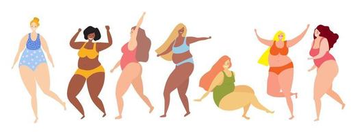 Set of happy plus size women in underwear. Dancing women. Body positive concept. vector