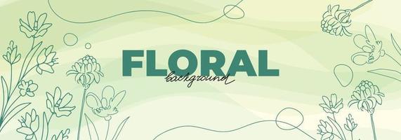 Spring banner design with linear floral elements, watercolor style background. Green botanical template with line graphics, tulips, branches, ginger flower vector