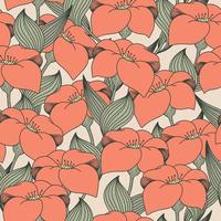 Vintage floral pattern with coral lily on beige background. Spring texture with flowers vector