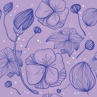 Seamless floral pattern with linear leaves and flowers on purple background vector