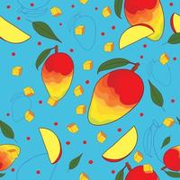 Seamless pattern with mango slice and leaves on blue background vector