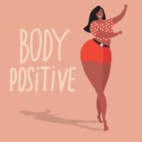 Happy plus size woman is dancing. Body positive concept.  International women's day. 8 march card. Mental health vector