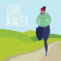 Happy plus size woman in tracksuit is running in the fields. Girl power concept. vector