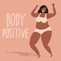 Happy plus size african american woman dressed in underwear. Body positive concept. International women's day. 8 march card. Mental health vector