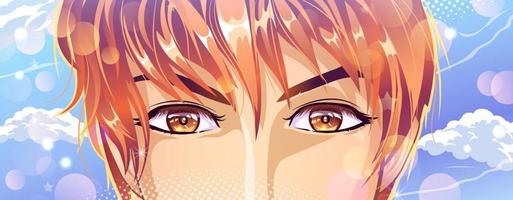 marrón ojos de un Pelirrojo joven hombre en anime estilo. vector