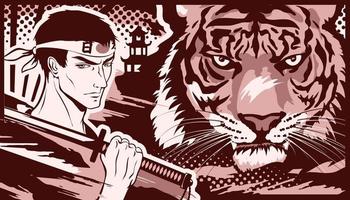 Samurai man with katana and tiger in manga and anime style. vector