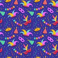 Happy Purim Jewish festival endless background. vector seamless pattern set with carnival elements