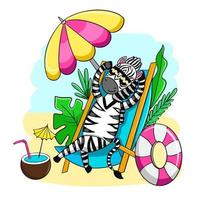 Zebra in cartoon style on the beach, summer postcard vector