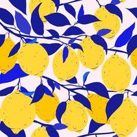 Seamless pattern with lemon fruits and leaves. Fruit repeating background. Vector illustration for fabric or wallpaper