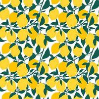 Seamless pattern with lemon fruits and leaves. Fruit repeating background. Vector illustration for fabric or wallpaper