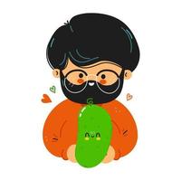 Young cute funny men hold cucumber in hand. Young boy hugs cute cucumber. Vector hand drawn doodle style cartoon character illustration icon design. Isolated on white background
