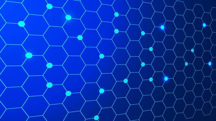 Abstract hexagonal technology concept background with glowing particle effect. Vector illustration.