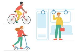 Vector illustration in flat design of different people on different types of transportation. Cycling, riding a scooter, public transport. World health day. Healthy lifestyle