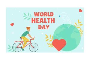 plano mundo salud día horizontal bandera. un hombre paseos un bicicleta vector