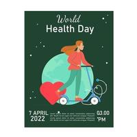 mundo salud día volantes, carteles diseño. un mujer montando un scooter vector