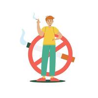 un dibujado a mano ilustración para mundo No tabaco día. un hombre fuma y es no contento vector