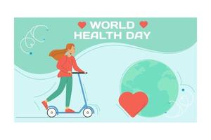 plano mundo salud día horizontal bandera. un mujer montando un scooter vector