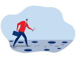 Search for new way. Businessman is looking through a magnifying glass. Search for direction. way goal success . Vector illustration