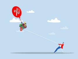 inflation reflects ,Businessmen trying to catch the shopping cart full of food flying  into the sky by inflation balloon. higher prices of goods vector illustrator