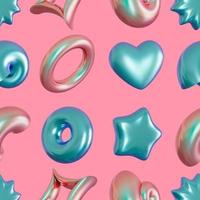 Seamless pattern with abstract 3D shapes on pink background. Colorful design for print, textile, wrapping paper. Holographic, trendy and futuristic elements. Iridescent objects. 3d render. photo