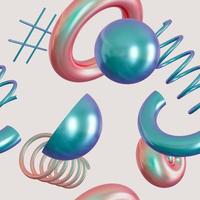 Seamless pattern with abstract 3D shapes on beige background. Colorful design for print, textile, wrapping paper. Holographic, trendy and futuristic elements. Iridescent objects. 3d render. photo