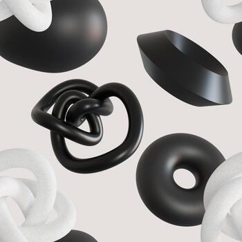 Seamless pattern with abstract black and white 3D shapes on beige background. Modern design for print, textile, wrapping paper. Trendy and futuristic elements. 3d render. photo