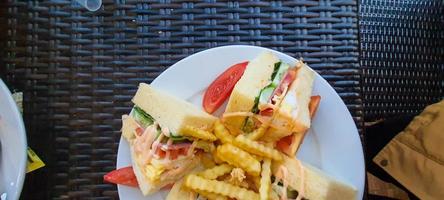 occidental pilar desayuno menú, carne emparedados con vegetales conjunto con francés papas fritas foto