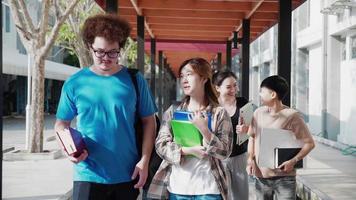 estudiante adolescentes caminando en pasarela de Universidad después estudiar apagado video