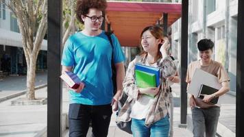 contento multirracial estudiantes al aire libre caminando y hablando en pasarela de Universidad video