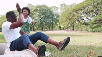 feliz africano americano pais e filho dentro a parque video
