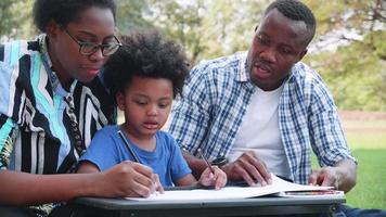 feliz africano americano pais apreciar com filho para desenhando durante piquenique dentro a parque video