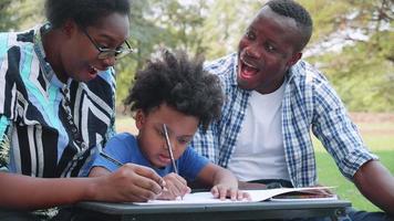 Lovely black family has a fan with son to drawing during picnic in the park video