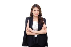 Professional business Asian young woman working confident who wears black suit and cross arms stands present something  isolated on white background. photo