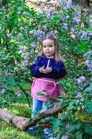 pequeño curioso niña en Saco es caminando en un jardín con lila flores sincero niño retrato a primavera estación. estacional niño alergia. foto