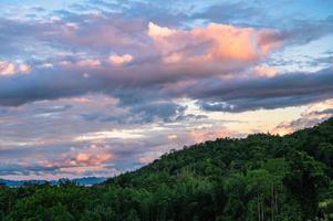 Beautiful landscape view and sunset from viewpoint of  Huai mae khamin waterfall Srinakarin national park at Kanchanaburi thailand. photo