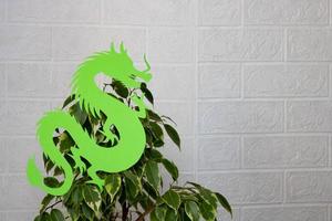 A green paper dragon is hanging on the branches of the ficus Benjamin. The concept of the new year 2024. photo
