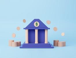 financiero conceptos. banco depósitos y retiros, actas, banco servicios. monedas descendente, y banco con dibujos animados estilo en azul antecedentes. 3d representación foto