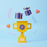 3D Trophy Cup with floating prize, heart, ribbon and geometric shape on blue background, celebration, winner, champion and award concept. 3d render illustration photo