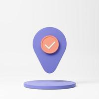 Checkmark icon. Approvement concept. Geolocation map mark, point location. 3d realistic rendering illustration. photo