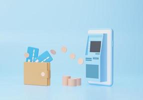 ATM on Smartphone transfer coins money into wallet, Cashback concept. Finance saving. exchange investment on Blue background. 3d rendering illustration photo