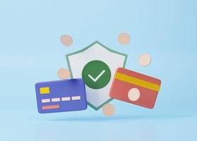 Cartoon protection shield icon and check mark with security, coins, debit ,credit card, Finance saving secure money online payment protec system, illustration. 3d rendering photo