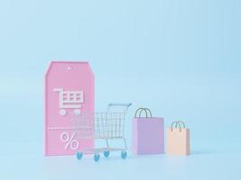 3D bag with a percentage sign and coupons. Favorable discounts and sales for various promotions. In pastel pink tones isolated on a white background. 3d rendering illustration. photo