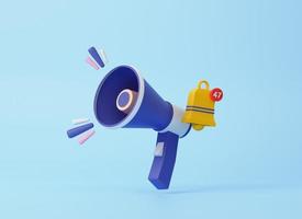 3D Cartoon Megaphone with Bell notification. Marketing time concept. Online news with loudspeaker. Social media promotion. Realistic elements isolated on blue background. 3D Rendering photo