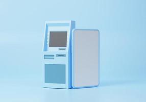 3D atm machine and smartphone. Exchange transfer transaction concept. on blue background. application Internet banking, cartoon minimal, banner, 3d render illustration photo