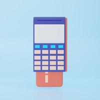 Payment terminal, cartoon style. POS terminal on blue background with credit card. 3D rendering photo