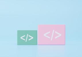codificación idioma desarrollo icono en azul antecedentes. software desarrollador concepto. mínimo dibujos animados estilo 3d hacer ilustración foto