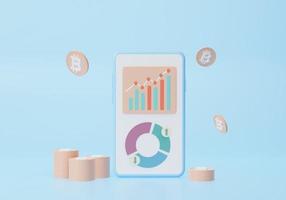 Cryptocurrency trading or bitcoin on smartphone and growth Stock exchange data information investment. trader concept on soft blue background 3d illustration, rendering photo